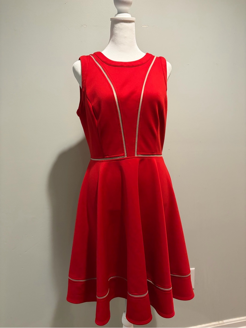 Vince Camuto Red Sleeveless Fit-and-Flare Dress with Contrast Trim
